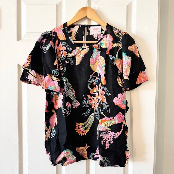 Anthropologie Banjanan Black Floral Bird Ruffle Blouse - Picture 1 of 8